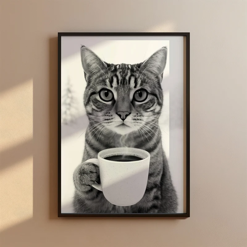 Poster Katze trinkt Kaffee – Lustiges Katzen Print Wandbild in Schwarz-Weiß