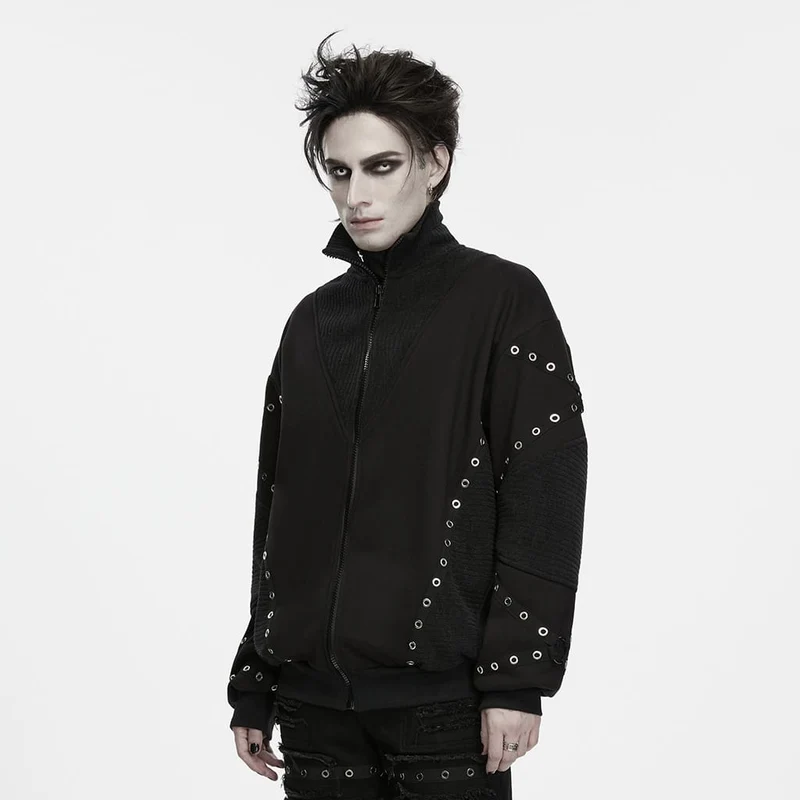 Punk-Herrenjacke mit Stehkragen, Reißverschluss und Ösen