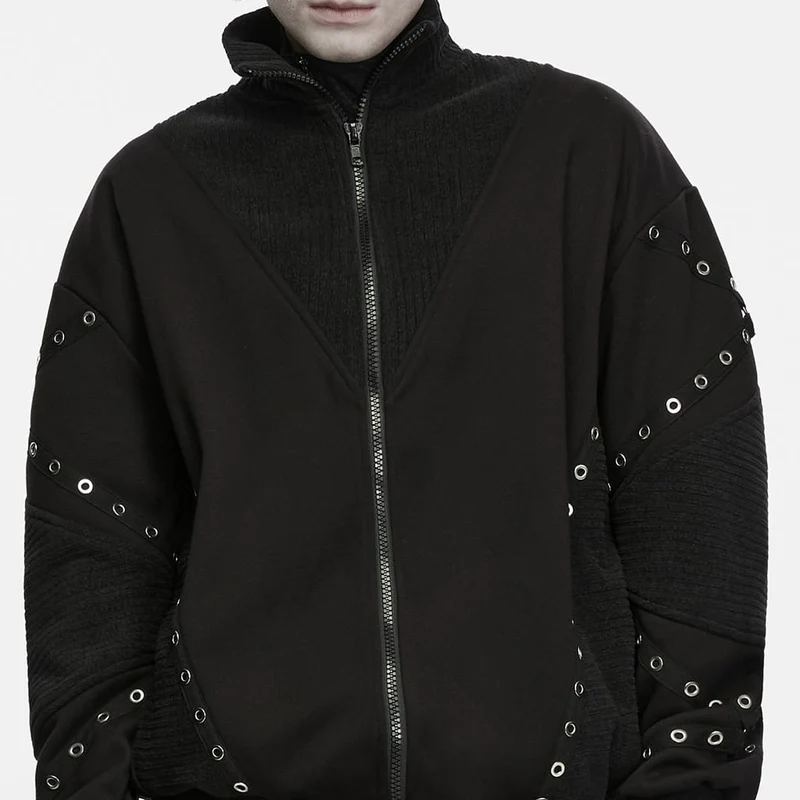 Punk-Herrenjacke mit Stehkragen, Reißverschluss und Ösen