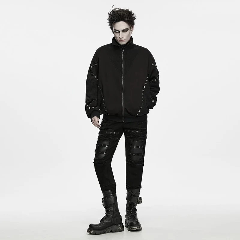 Punk-Herrenjacke mit Stehkragen, Reißverschluss und Ösen