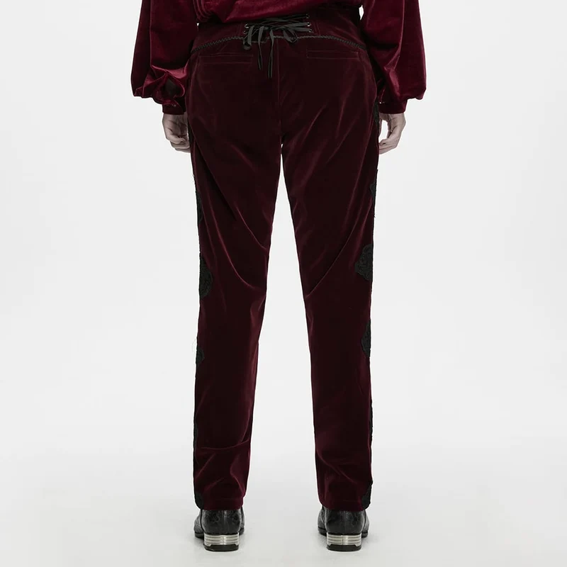 Herrenhose im Gothic-Stil mit Applikationen, Schnürung und seitlichem Reißverschluss, rot