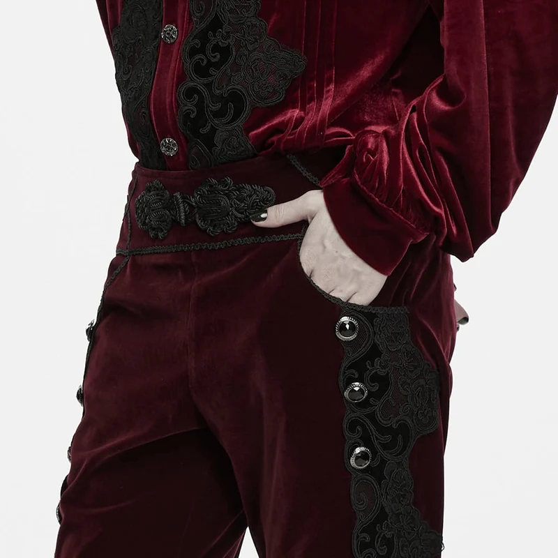 Herrenhose im Gothic-Stil mit Applikationen, Schnürung und seitlichem Reißverschluss, rot
