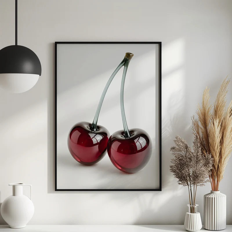 Glaskirschen Poster – Modernes Wandbild, Glas Kunstprint, Stillleben mit Kirschen