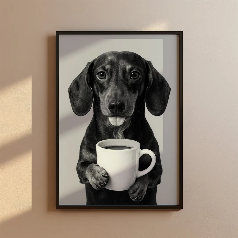 Dackel trinkt Kaffee Poster Wandkunst - Schwarz-Weiß Druck