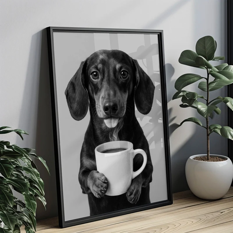 Dackel trinkt Kaffee Poster Wandkunst - Schwarz-Weiß Druck