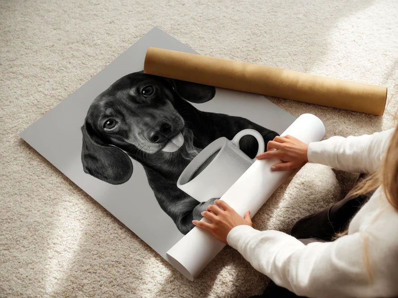 Dackel trinkt Kaffee Poster Wandkunst - Schwarz-Weiß Druck