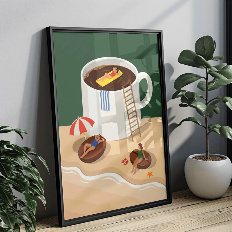 Lustiges Küchen Kaffee Poster - Kaffee Strand Szene - Modernes Wohndekor Esszimmer