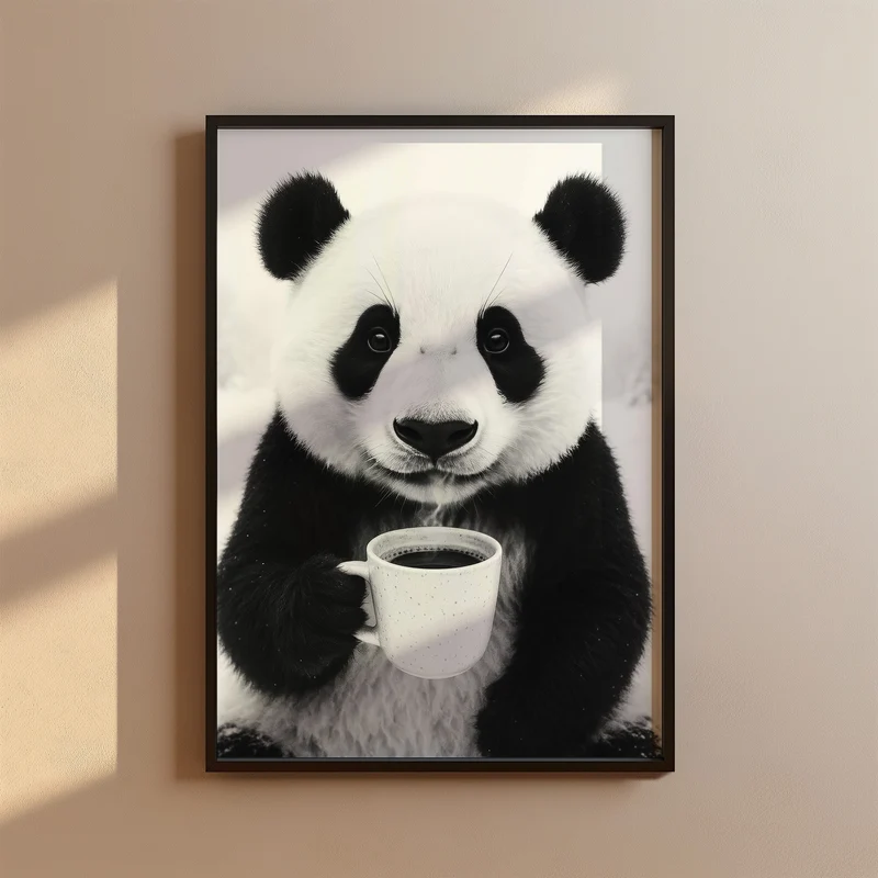 Panda trinkt Kaffee Poster - Küchenbild in Schwarz Weiß - Esszimmer Bild & Küchen Deko