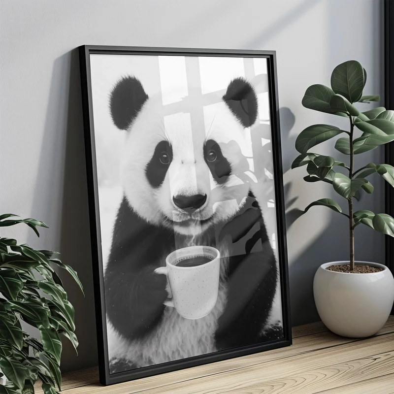 Panda trinkt Kaffee Poster - Küchenbild in Schwarz Weiß - Esszimmer Bild & Küchen Deko