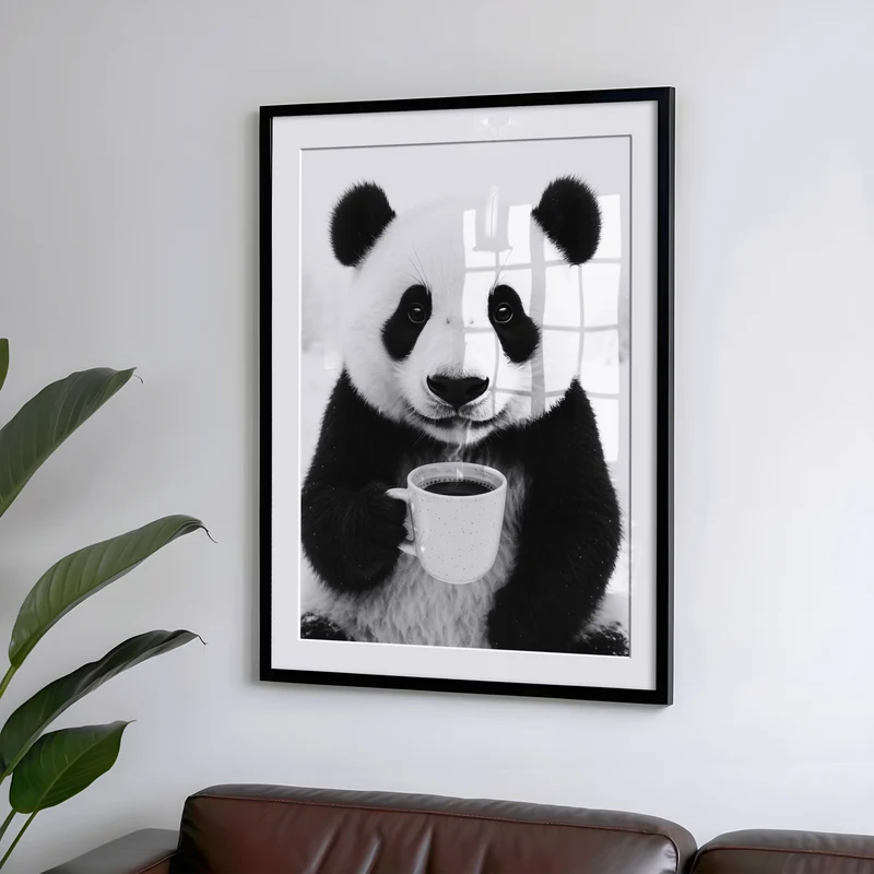 Panda trinkt Kaffee Poster - Küchenbild in Schwarz Weiß - Esszimmer Bild & Küchen Deko