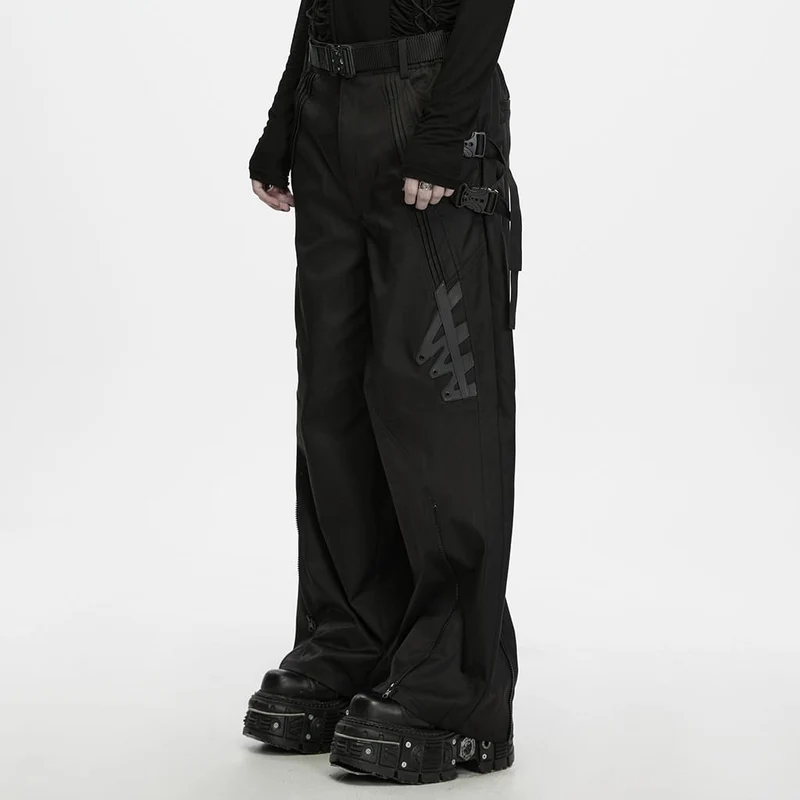Herren Techwear Hose mit Schnallenriemen, Reißverschluss und weitem Bein