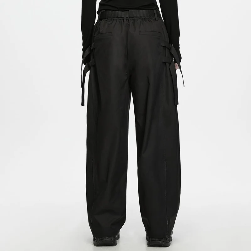 Herren Techwear Hose mit Schnallenriemen, Reißverschluss und weitem Bein