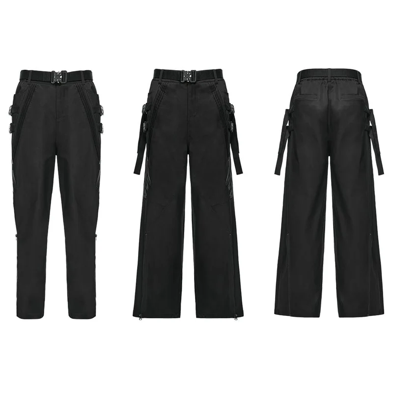 Herren Techwear Hose mit Schnallenriemen, Reißverschluss und weitem Bein