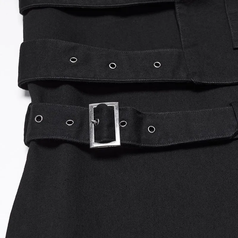 Punk-Herrenhose mit Totenkopfknopf, offener Saumkante und abnehmbarem Beinstulpen