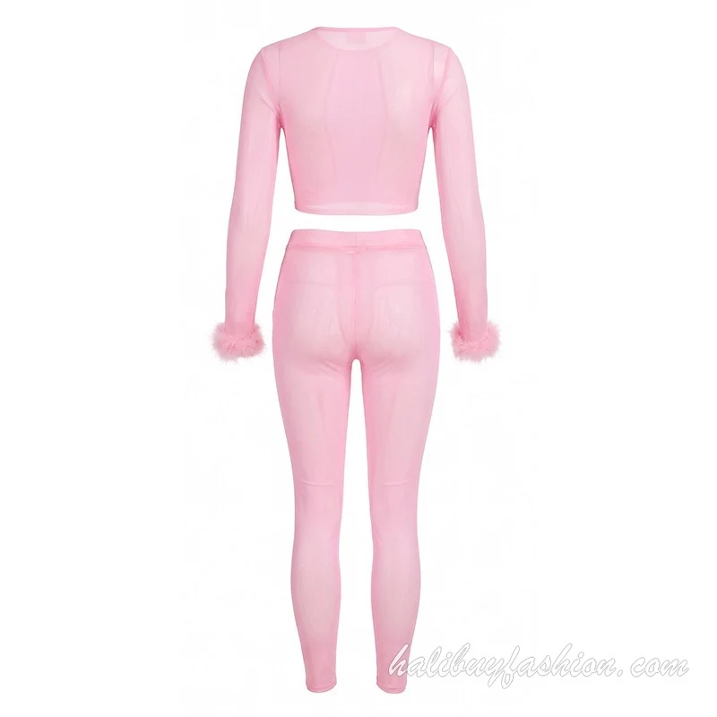 Long sleeve sheer mesh feather solid patchwork pant set