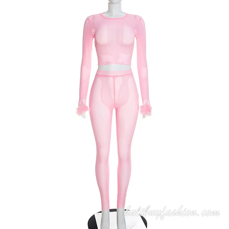 Long sleeve sheer mesh feather solid patchwork pant set