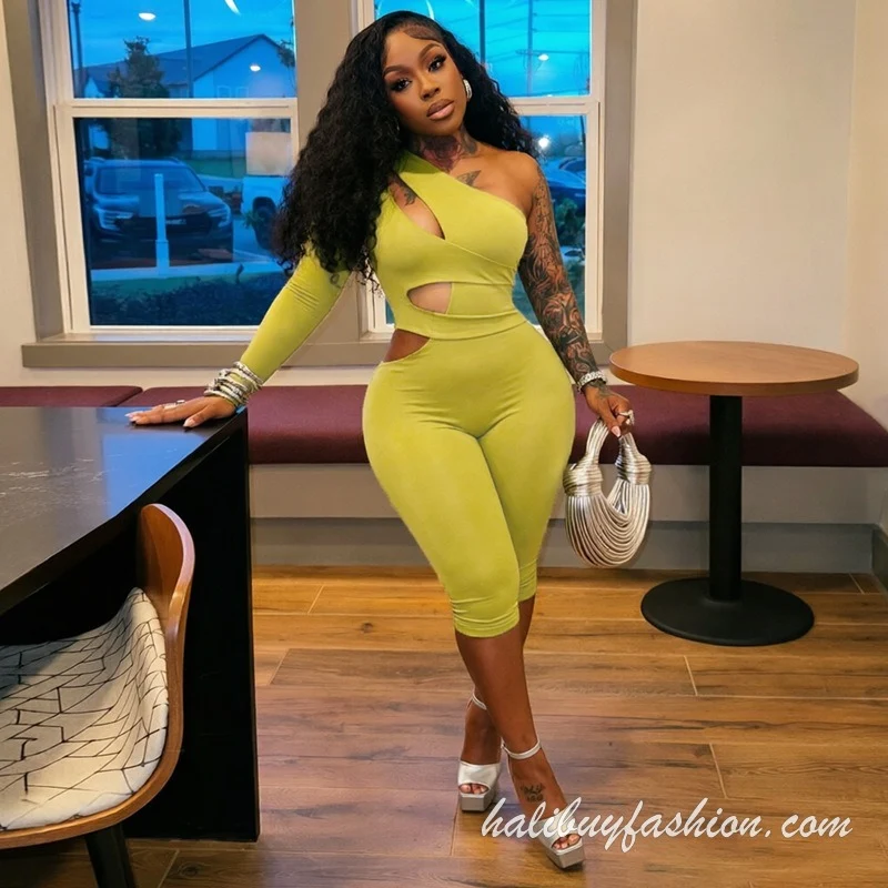 Cut out one shoulder long sleeve solid jumpsuit