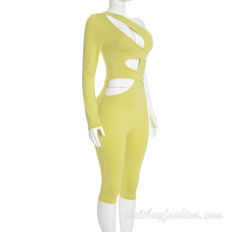 Cut out one shoulder long sleeve solid jumpsuit