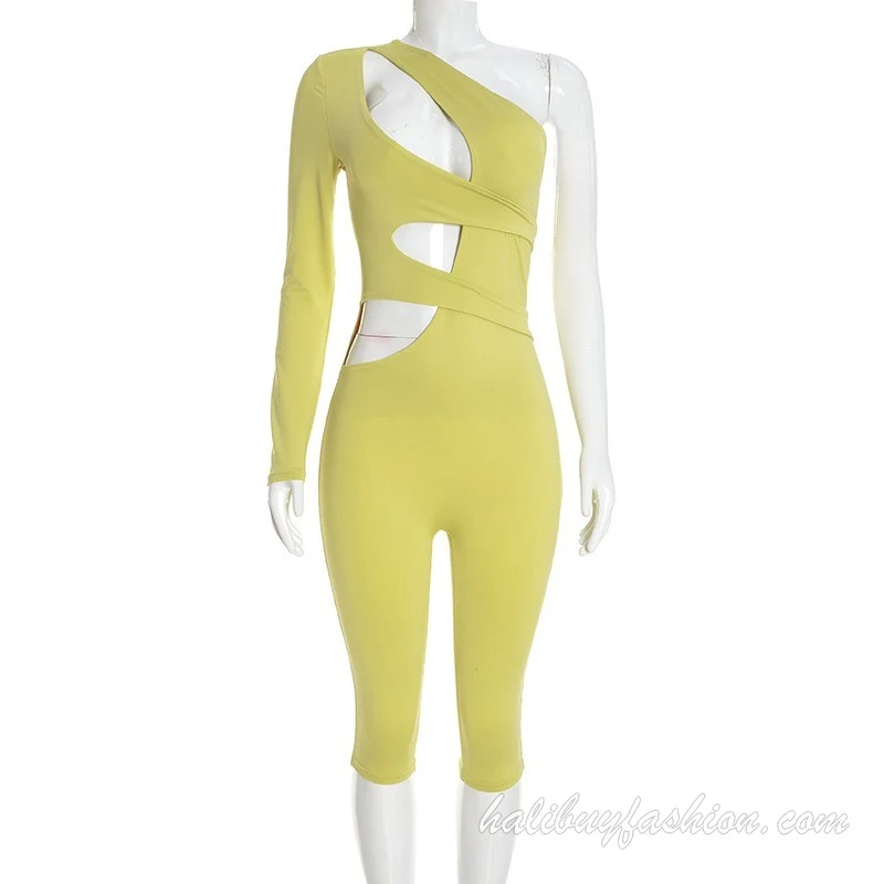Cut out one shoulder long sleeve solid jumpsuit