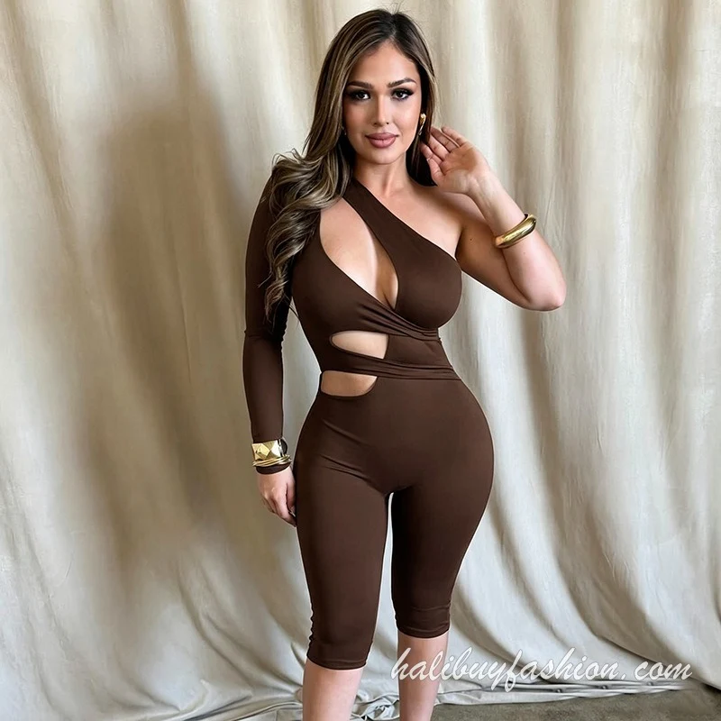 Cut out one shoulder long sleeve solid jumpsuit