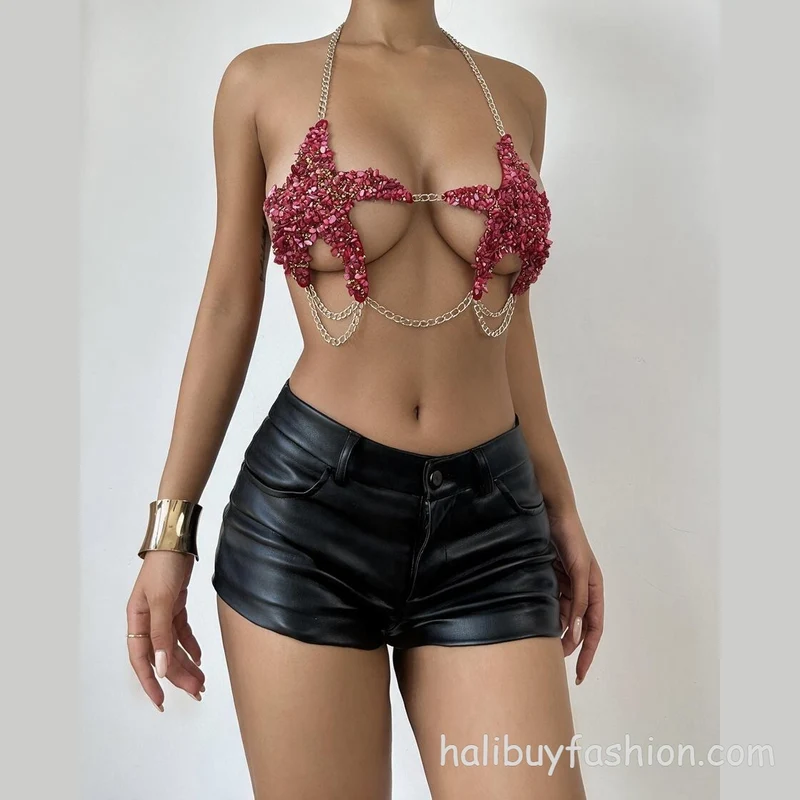 Halter backless metal chain beaded body chain