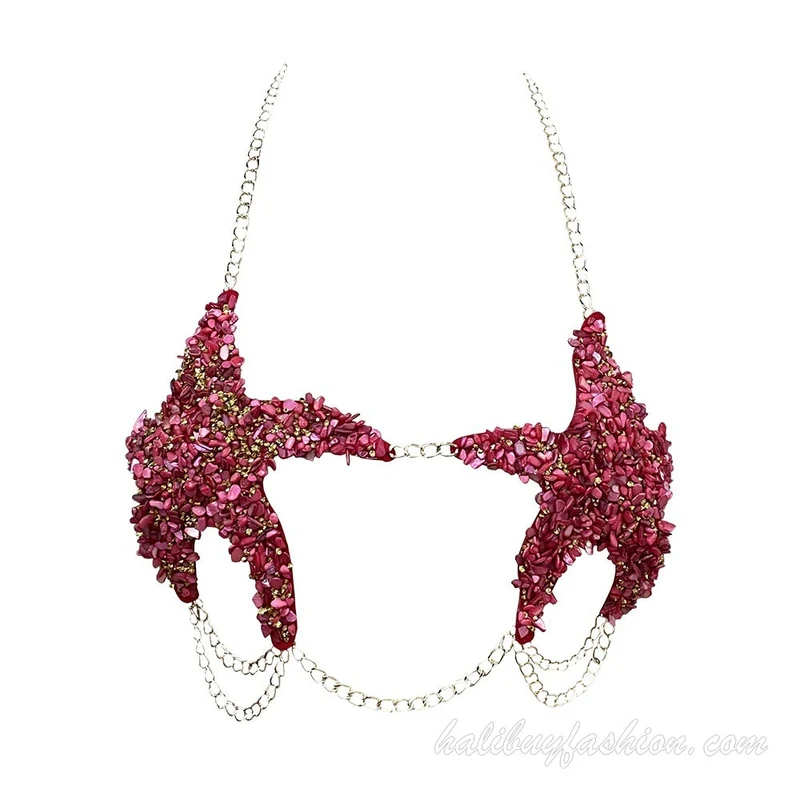 Halter backless metal chain beaded body chain
