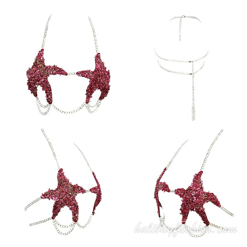 Halter backless metal chain beaded body chain