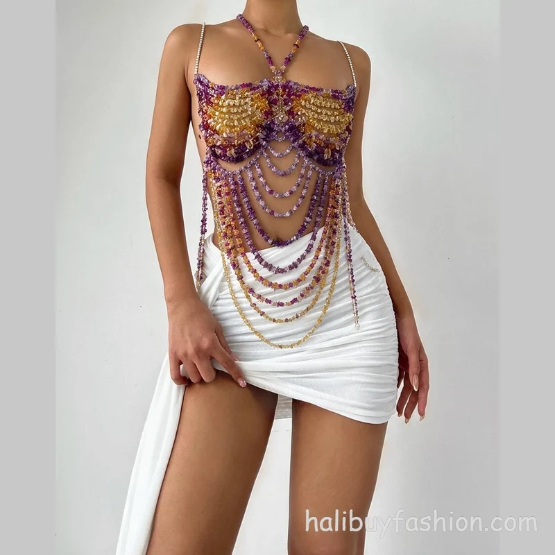 Halter cut out patchwork crystal satin body chain