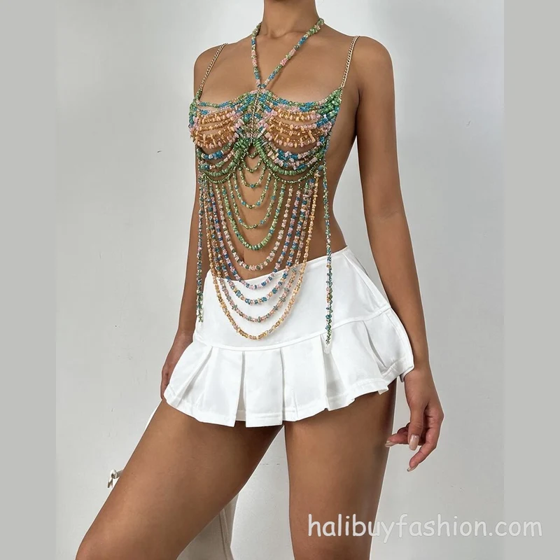 Halter cut out patchwork crystal satin body chain