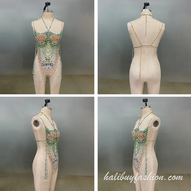 Halter cut out patchwork crystal satin body chain
