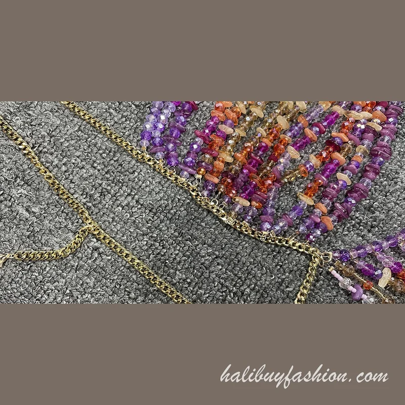 Halter cut out patchwork crystal satin body chain