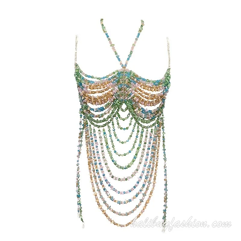 Halter cut out patchwork crystal satin body chain