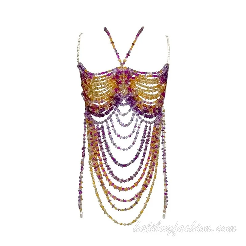 Halter cut out patchwork crystal satin body chain