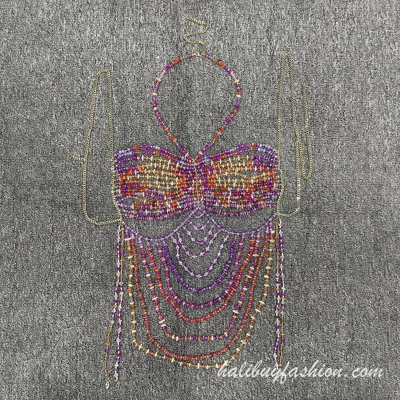 Halter cut out patchwork crystal satin body chain