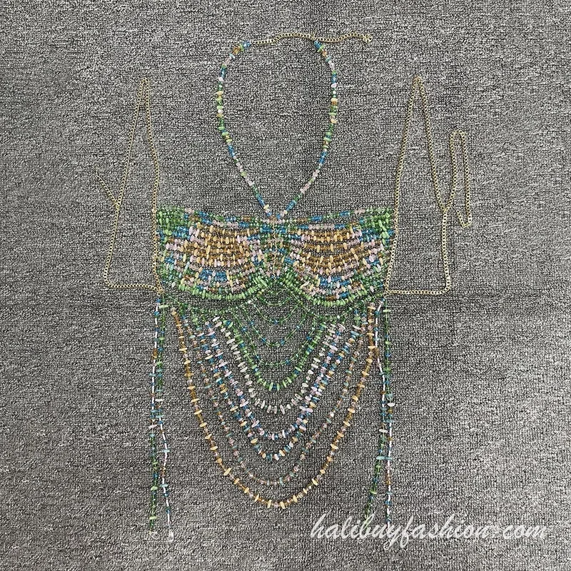 Halter cut out patchwork crystal satin body chain