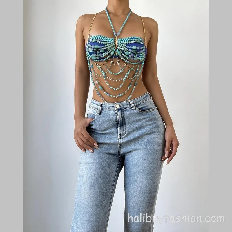 Halter beaded cut out tassel crystal body chain