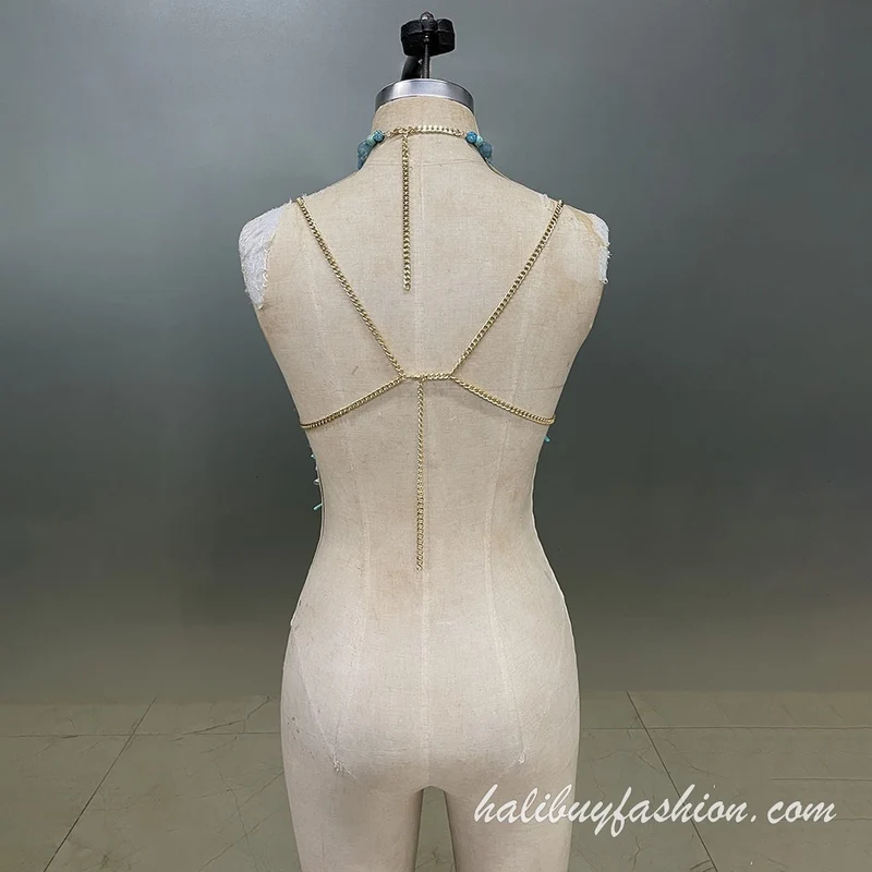 Halter beaded cut out tassel crystal body chain