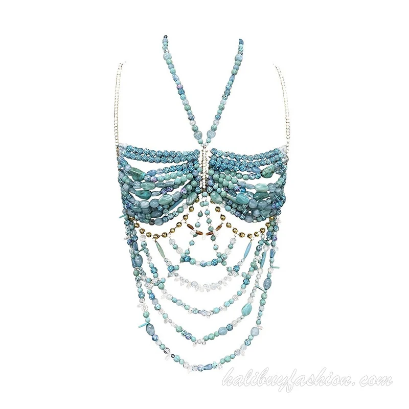 Halter beaded cut out tassel crystal body chain