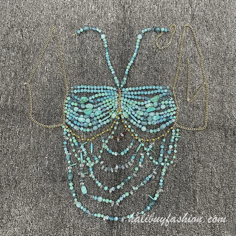 Halter beaded cut out tassel crystal body chain