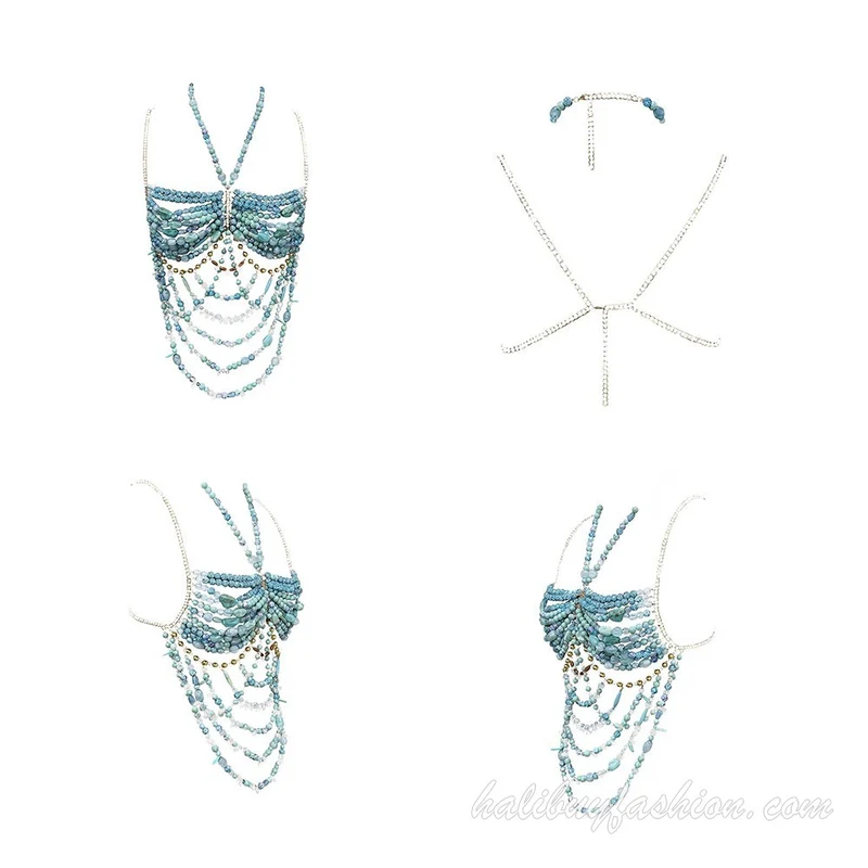 Halter beaded cut out tassel crystal body chain