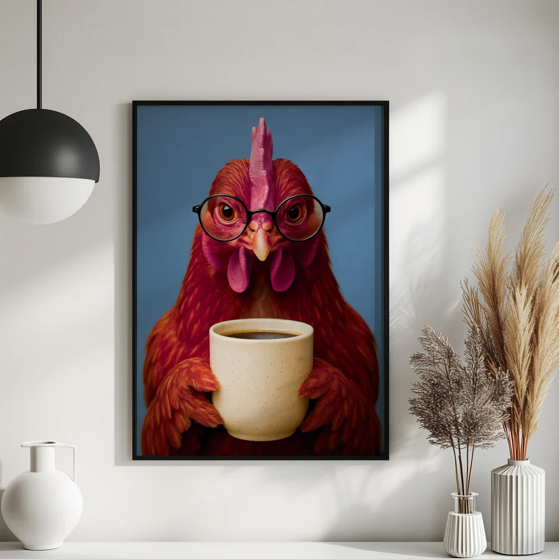 Poster Esszimmer Bild Huhn trinkt Kaffee Geschenk Hausbau, Küchen Deko
