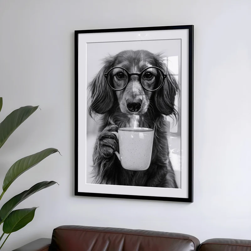 Langhaardackel trinkt Kaffee Poster Küche und Esszimmer Bild