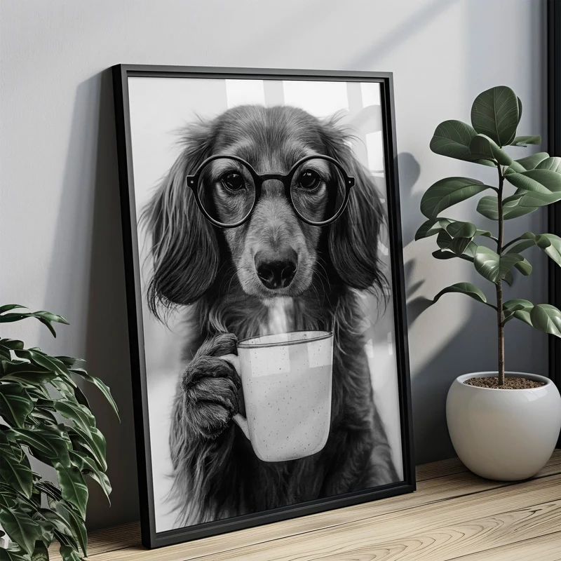 Langhaardackel trinkt Kaffee Poster Küche und Esszimmer Bild