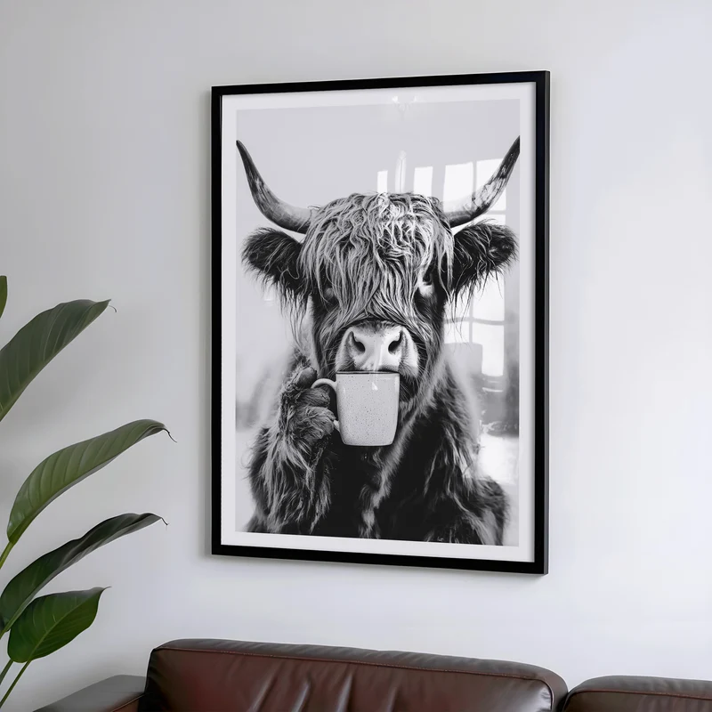 Kuh trinkt Kaffee Poster - Küchenbild Schwarz Weiß - Highland Kuh Esszimmer Bild