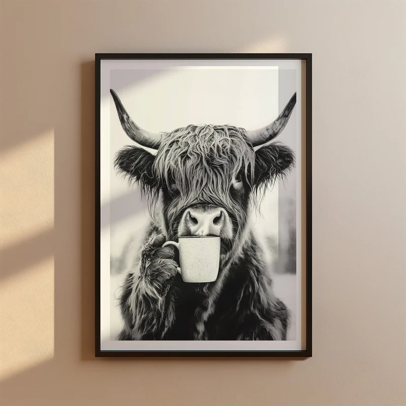 Kuh trinkt Kaffee Poster - Küchenbild Schwarz Weiß - Highland Kuh Esszimmer Bild