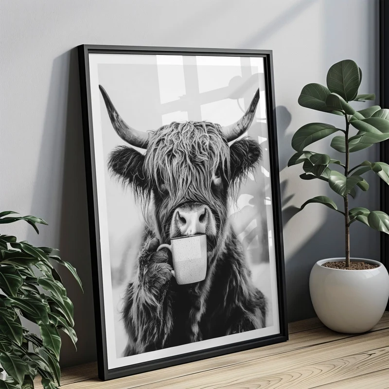Kuh trinkt Kaffee Poster - Küchenbild Schwarz Weiß - Highland Kuh Esszimmer Bild