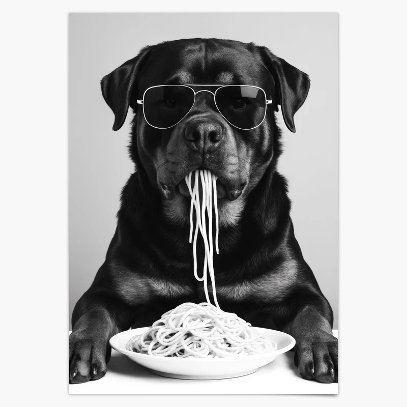 Rottweiler isst Spaghetti - Poster Schwarz Weiß Küchen- & Esszimmer Bild