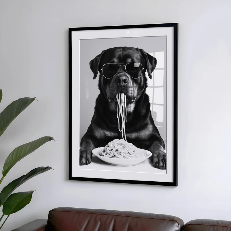 Rottweiler isst Spaghetti - Poster Schwarz Weiß Küchen- & Esszimmer Bild
