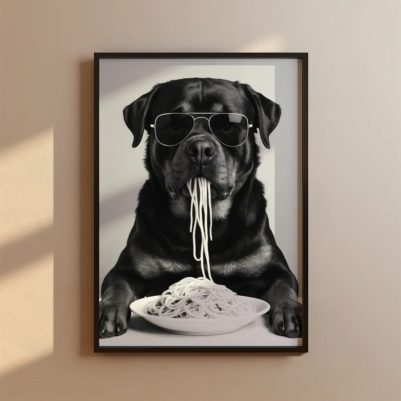 Rottweiler isst Spaghetti - Poster Schwarz Weiß Küchen- & Esszimmer Bild