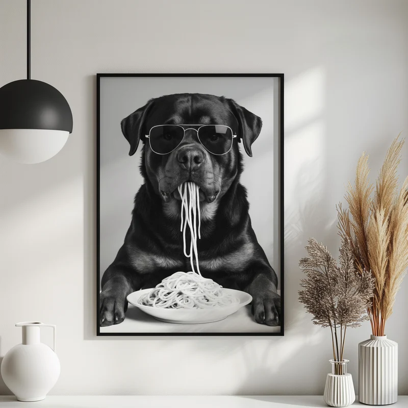 Rottweiler isst Spaghetti - Poster Schwarz Weiß Küchen- & Esszimmer Bild